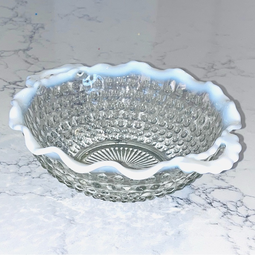 VTG Anchor Hocking 1940’s Moonstone opalescent hobnail handled bowl